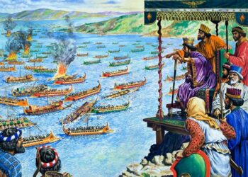 The Battle of Salamis, being watched by Xerxes, King of the Persians (whose forces were to be defeated).  Original artwork for illustration on pp14-15 of the World of Wonder Book 1971.  Lent for scanning by The Gallery of Illustration.