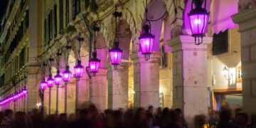 Holy week with purple lanterns on Liston Square, Corfu, Greece